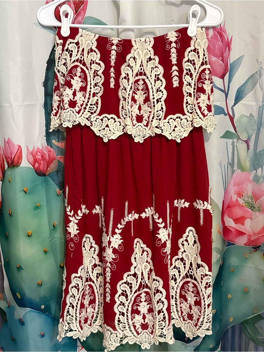 Hot & Delicious Women’s Medium Burgundy Red Embroidered Lace Boho Mini Dress - Picture 4 of 5